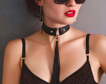 Tasselled Leather Collar, Leather Choker, Tassel Detailed Stylish Choker