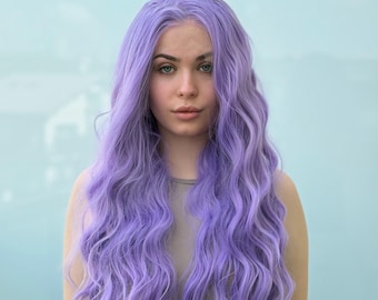 Lilac Lavender Loose Wavy Lace Front Halloween Cosplay Wig Violet Purple Lace Front Wig Drag Queen Wig