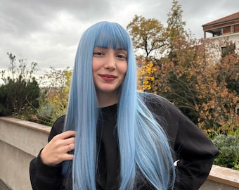 Long Straight Blue Wigs ash Blue Wig With Bangs Blue Wig With Black Highlights Cosplay Wig Erio Etsy
