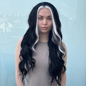 Long Wavy Black Lace Front Wig with White Highlight Skunk Cosplay Wig