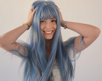 Ash Blue Ombre Wavy Wig Long Wavy Wig With Bangs Cosplay Wig