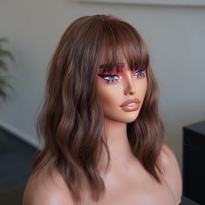 Short Brunette Dark Brown Wig with Bangs Natural Look Wigs for Women