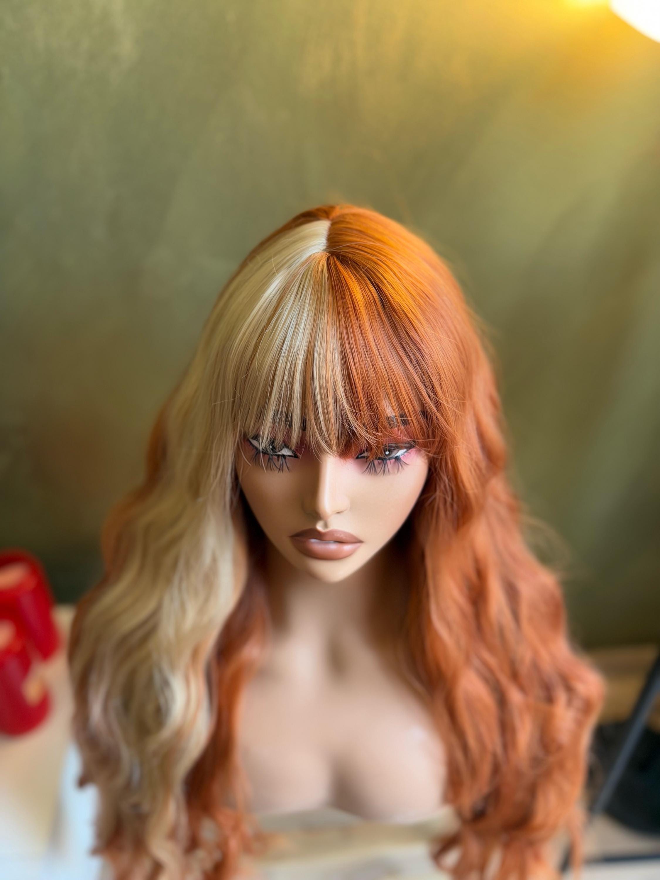 Two-tone Wavy Wig With Bangs: Blonde & Copper, 26 Inch - Etsy display picture 1