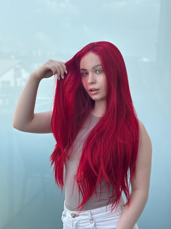 Cherry Red Lace Front Wig 13x4, Long Straight Red Wig 26  display picture 3