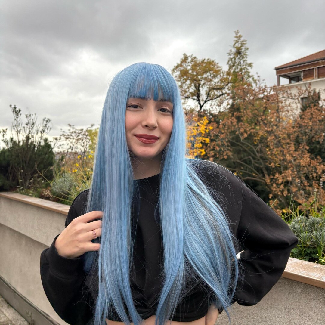 Long straight blue wig with fringe main image 0