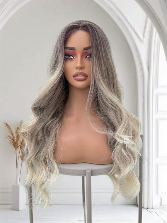 Long Wavy Ash Blonde Ombre T Part Lace Front Wig for Women