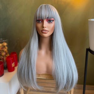 Ash Grey Wig with Bangs Cosplay Wig Drag Queen Wig Salt and Pepper Wig