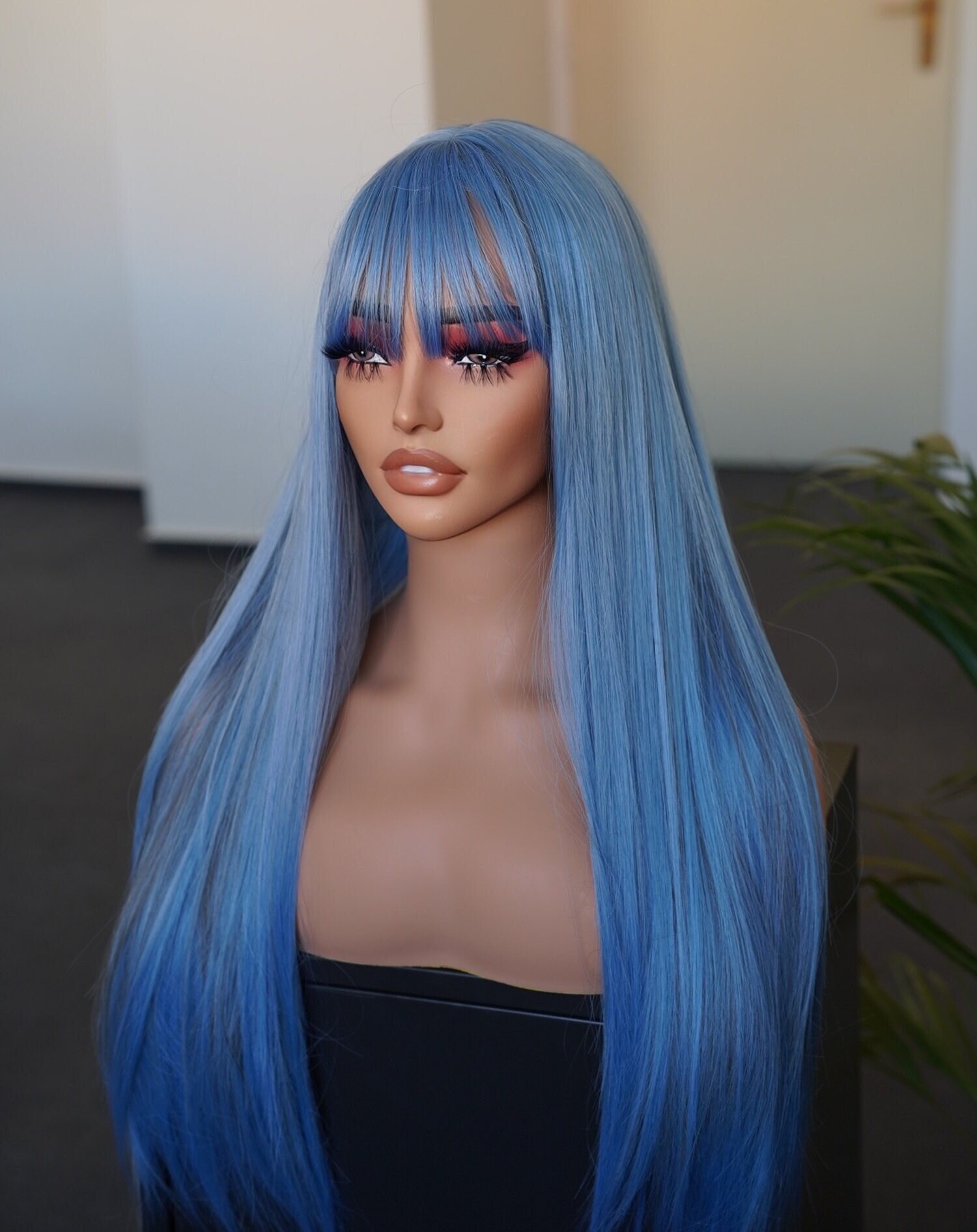 BLUE long straight wavy Wig w/ bangs Blue with Grey Highlight Long Straight Synthetic Wigs with  main image 4