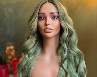 Long Green Wavy Wig Cosplay Party Wigs 28 inch , Middle Parting, Colorful Synthetic Wigs