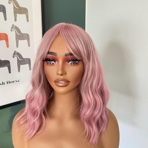 Short Wavy Dusty Rose Pink Wig with Bangs Cosplay Party Wig