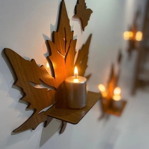 Wooden Wall Ornament Shelf Leaf Candle Holder Wall Decor 3-piece product