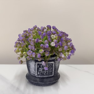 Faux Baby's Breath Plant in Cement Pot, Tiny Rosebud Topiary, Potted Bud Arrangement, French Country Decor, Farmhouse Cottage Decor