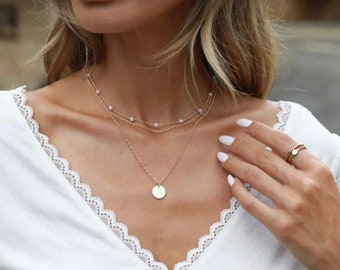 Drielaagse gouden parel klassieke kettingset | Minimalistische ketting | Halsketting voor dames | Gelaagde ketting