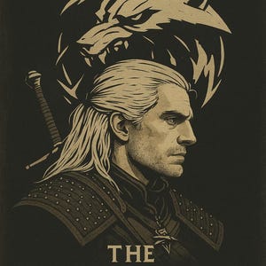 May include: A stylized illustration featuring a man with long, flowing blonde hair and a stern expression, with a wolf emblem above his head. The text "THE WITCHER" is displayed at the bottom. The artwork is in shades of brown and black.