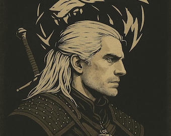 Póster de The Witcher – Impresión minimalista de Geralt – Arte de fantasía oscura – Descarga digital – Decoración de pared de videojuegos