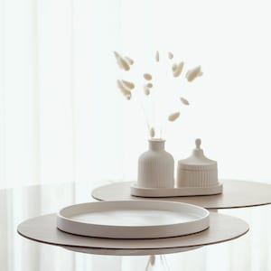 Può includere: Una natura morta minimalista con un piatto in ceramica bianca, un vaso con fiori secchi e un contenitore con coperchio. Gli oggetti sono disposti su una superficie rotonda dai toni neutri, creando un'estetica serena e moderna. Lo sfondo è una luce morbida e diffusa.