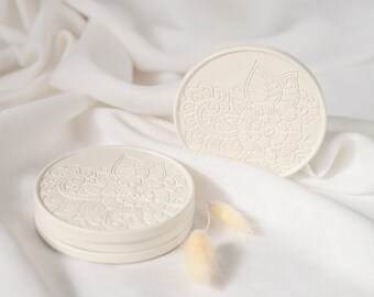 Handmade White Gypsum Coasters (Set of 4) - Floral Embossed Jewelry Tray