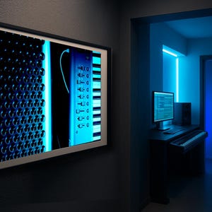 Electric Harmony Keyboard Wandkunst, Mac Pro Studio Druck, Blaues Licht Tech Dekor, Digitaler Arbeitsplatz Poster, Elegantes Modernes Büro Fotografie