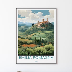 Op de afbeelding: Een vintage reisposter met een schilderachtig Italiaans landschap met een klein stadje op een heuveltop. De poster heeft de titel "Emilia Romagna, Italië".