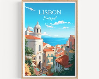 Lisbon Poster Wall Art | Lisbon Travel Poster Illustration Wall Art | Portugal Vintage Poster Print | Gift for Friends