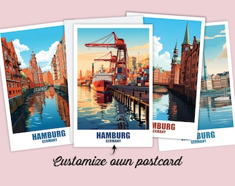 Postal de Hamburgo, postal personalizada, postal de viaje con mapa de Hamburgo, Alemania, regalo, postal de vacaciones para amigos y familiares