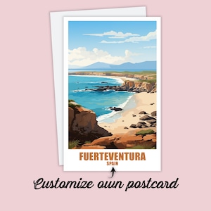 Fuerteventura ansichtkaart, gepersonaliseerde ansichtkaart van Fuerteventura, Spanje kaart reis ansichtkaart cadeaubon, vakantie ansichtkaart