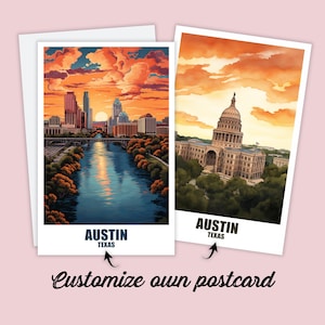 Postal de Austin, postal de viaje desde Austin, postal personalizada, postal de vacaciones en Texas para amigos y familiares, postal de Austin, Texas