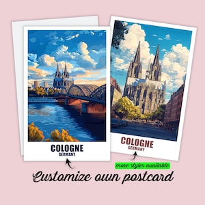 Puede incluir: Dos postales con ilustraciones de Colonia, Alemania. Una muestra un puente sobre un río con la catedral de Colonia al fondo. La otra muestra la catedral. El texto en las postales dice "Cologne Germany". La frase "Customize own postcard" también es visible.