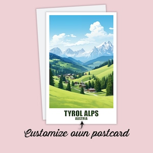 Carte postale personnalisée des Alpes du Tyrol, carte du Tyrol, carte-cadeau de vœux, carte postale de voyage en Autriche, carte de voyage du Tyrol, carte des amis