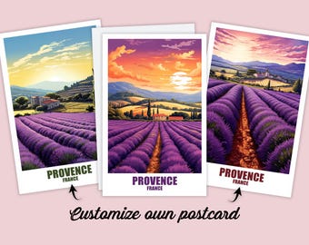 May include: Three different postcard designs featuring a lavender field in Provence, France. Each postcard has a different sunset sky and the text "Provence, France" at the bottom.