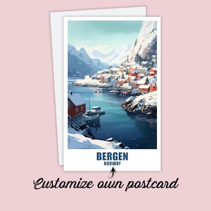 Carte postale de Bergen, carte postale de voyage de Bergen, carte postale personnalisée, carte postale de vacances en Norvège pour les amis et la famille, carte Bergen
