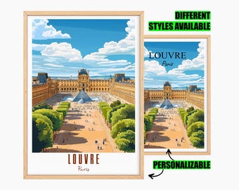 May include: Two framed art prints depicting the Louvre Museum in Paris. The prints show a detailed illustration of the museum, the glass pyramid, and gardens under a blue sky with clouds. The text "LOUVRE Paris" is at the bottom.