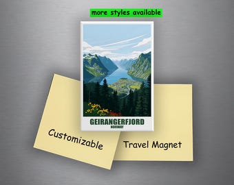 Imán de nevera de Geirangerfjord, imán personalizado de Noruega, 78 x 53 mm, imán de ciudad, regalo de viaje personalizado, recuerdo de monumento