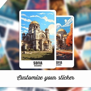 May include: Two sticker designs featuring a colorful illustration of a church in Sofia, Bulgaria. The text "Sofia, Bulgaria" is printed below the image.