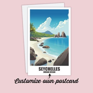 Carte postale personnalisée des Seychelles, carte Seychelles, carte cadeau de vœux, carte postale de voyage Seychelles, carte de voyage amis et famille