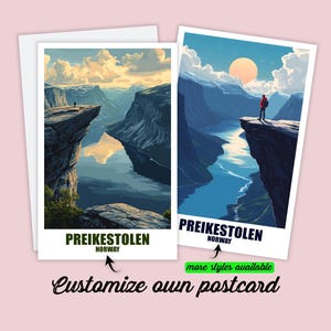 Puede incluir: Dos postales con ilustraciones de Preikestolen, Noruega. Una muestra a una persona en un acantilado con vistas a un fiordo, la otra una escena similar con una puesta de sol. El texto en la parte inferior dice "Preikestolen Norway". También se ve la frase "Customize own postcard".