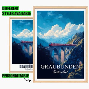 Puede incluir: Dos impresiones artísticas enmarcadas que representan un tren viajando sobre un puente en Graubünden, Suiza. Las impresiones muestran un paisaje vibrante con montañas, nubes y un tren rojo. El texto en las impresiones dice "GRAUBÜNDEN Switzerland".