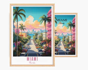 Miami Poster, Personalized Travel Poster Miami, Florida Vintage Poster, America Illustration, Wall Picture, Decoration Wall Art, Gift