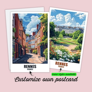May include: Two postcards featuring watercolor paintings of Rennes, France. One depicts a street scene with buildings, the other a park. Each card has the city name and country. Text at the bottom says "Customize own postcard".