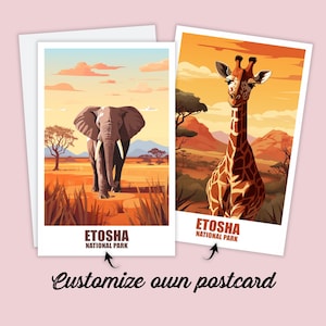 Cartolina Etosha, cartolina personalizzata Parco nazionale Etosha, mappa della Namibia, cartolina di viaggio, regalo safari, biglietto di auguri, mappa dell'Africa