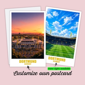May include: Two rectangular postcards featuring the Signal Iduna Park stadium in Dortmund, Germany. One shows an aerial sunset view, the other an interior field view under a blue sky. Both have the text DORTMUND GERMANY printed in yellow at the bottom.