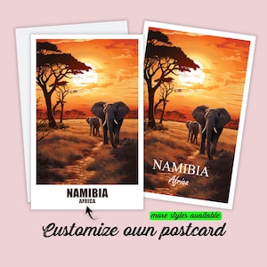 Puede incluir: Dos postales con una escena de atardecer en Namibia, África, con elefantes caminando por un sendero. El cielo es un degradado de naranja y amarillo. El texto "Namibia Africa" está impreso en la parte inferior de las postales. La frase "Customize own postcard" está escrita debajo.