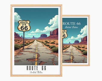 Könnte beinhalten: Zwei gerahmte Kunstdrucke mit einer stilisierten Illustration der Route 66. Das Kunstwerk zeigt eine Wüstenlandschaft mit einer Straße, einem Route 66-Schild und dem Text "Route 66 United States". Die Drucke sind in Holzrahmen.