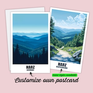 Carte postale personnalisable du Harz, carte de l'Allemagne, montagnes du Harz, cadeau personnalisé pour amis, carte de vœux, carte cadeau, carte de voyage, impression