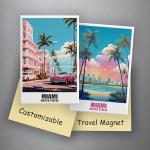 May include: Two Miami travel magnets with vibrant illustrations. One features a pink car on a street lined with palm trees and buildings. The other shows a beach scene with palm trees and a city skyline. Text on the magnets reads "Miami United States".