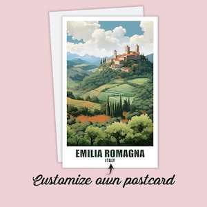 Postal de Emilia Romagna, Postal personalizada Emilia Romagna, Postal de viaje con mapa de Italia, Postal de vacaciones