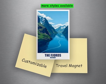 Imán de nevera de los fiordos, imán personalizado de Noruega, 78 x 53 mm, imán de ciudad, regalo de viaje personalizable, recuerdo de monumento
