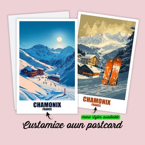 May include: Two postcards depicting Chamonix, France. One shows a sunny mountain scene with skiers and chalets. The other displays orange skis in the snow with a mountain backdrop. Text reads "Chamonix France".