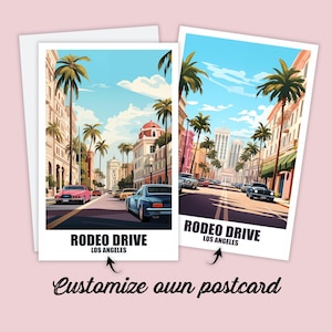 Postal de Rodeo Drive, postal personalizada de Rodeo Drive, postal de viaje con mapa de Los Ángeles, tarjeta de regalo, tarjeta de viaje para amigos y familiares