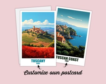 Personalized Tuscany postcard, Tuscany map coast, greeting card gift card, Italy travel postcard, map travel card friends & family